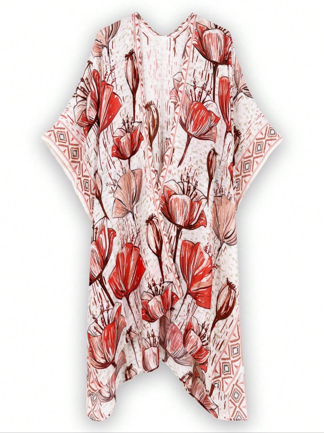 Women's Floral Print Drop Shoulder Cover Up - Casual Long Sleeve Split Hem Open Front, All Seasons Swimwear Coverups for Beach Holiday, Hand Wash Only Sports & Outdoor Swimsuit Accessory