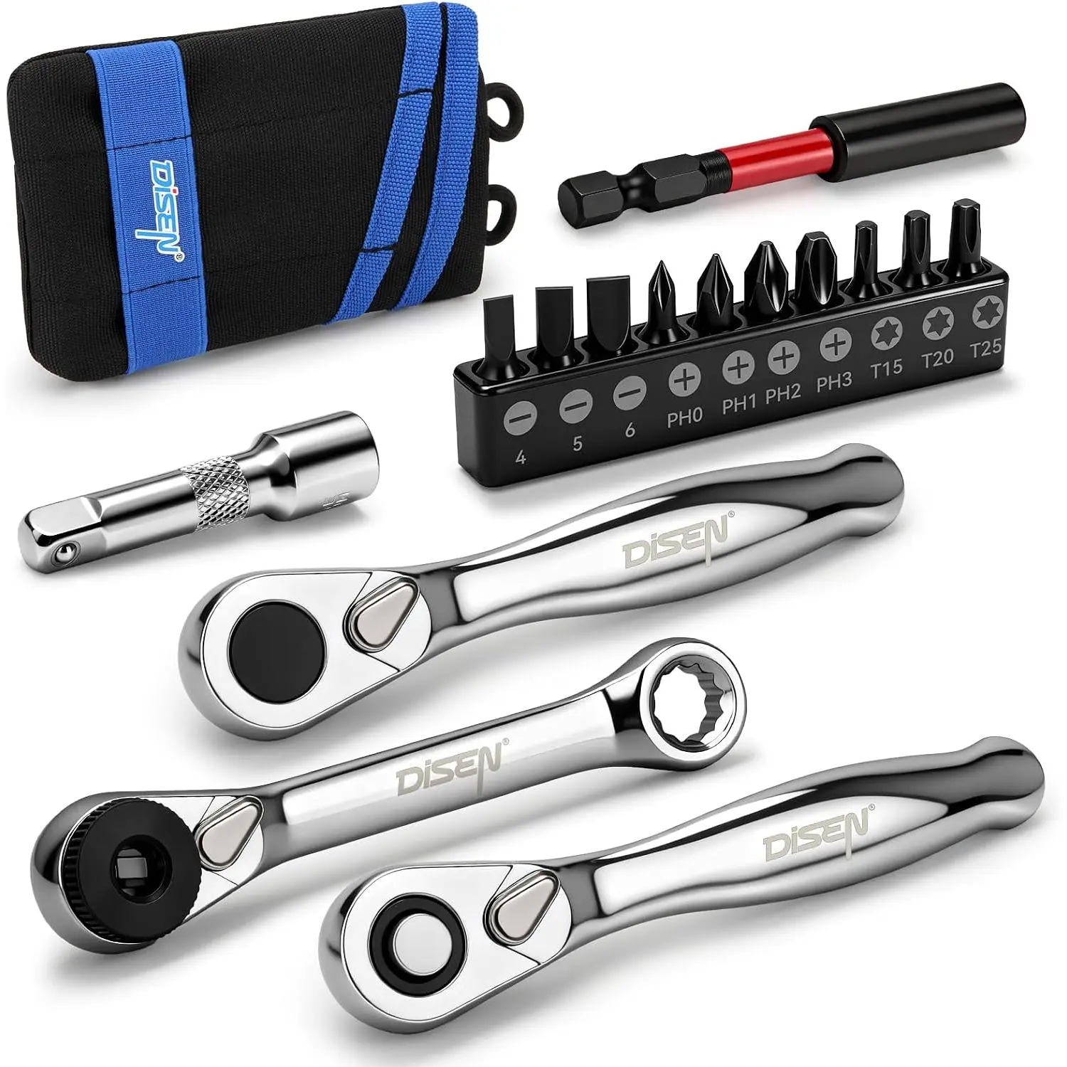 15PC Mini Ratchet Wrench Set, 1/4" Drive Ratchet Handle Wrench, Mini Set, Tiny, Small Ratchet, 72-Tooth, Reversible, Cr-V Made, Gifts for Men Dad