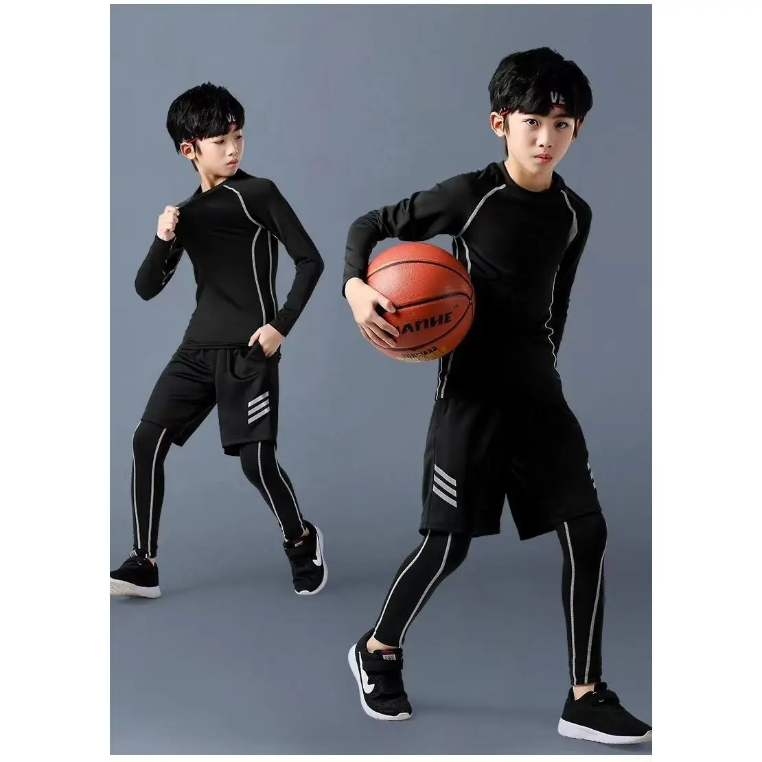 3pcs Boys' Quick-Dry Athletic Set - Compression Long Sleeve Top, Tight-Fit Pants & Shorts for Sports Training| High-Elastic for multi- (Running, Cycling,)| Spring Summer Fall Outfit| Machine Washable Compression Suit for, Perfect for Outdoor