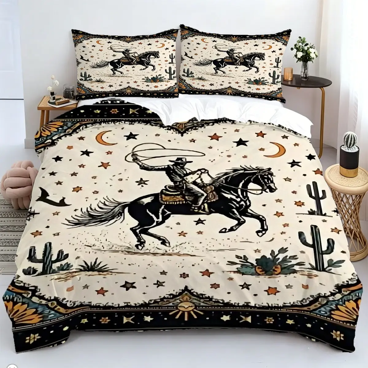 2/3Pcs Western Cowboy Pattern Duvet Cover Set, Fashion Bedding Set, Soft Breathable Microfiber Fabric, All Season, Perfect Bedroom Decor for Western Cowboy Fans, Country Style Home. Includes 1 or 2 Pillowcase - No Filling/Zipper Closure