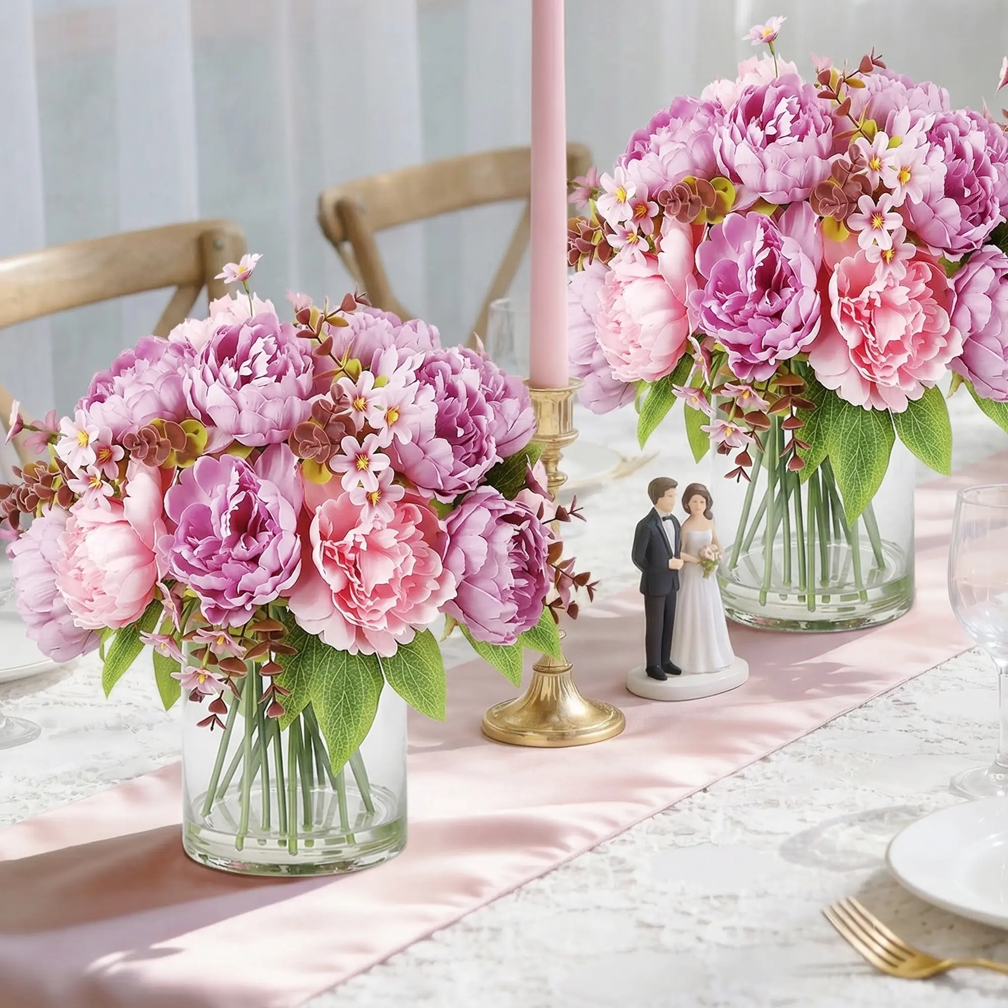 Mixed‑Color Silk Peony Flower Bouquet With Glass Vase and Faux Water, Lifelike Artificial Floral Arrangement in Rose Red & Purple, Home Ornament, Wedding Table Centerpiece Decor