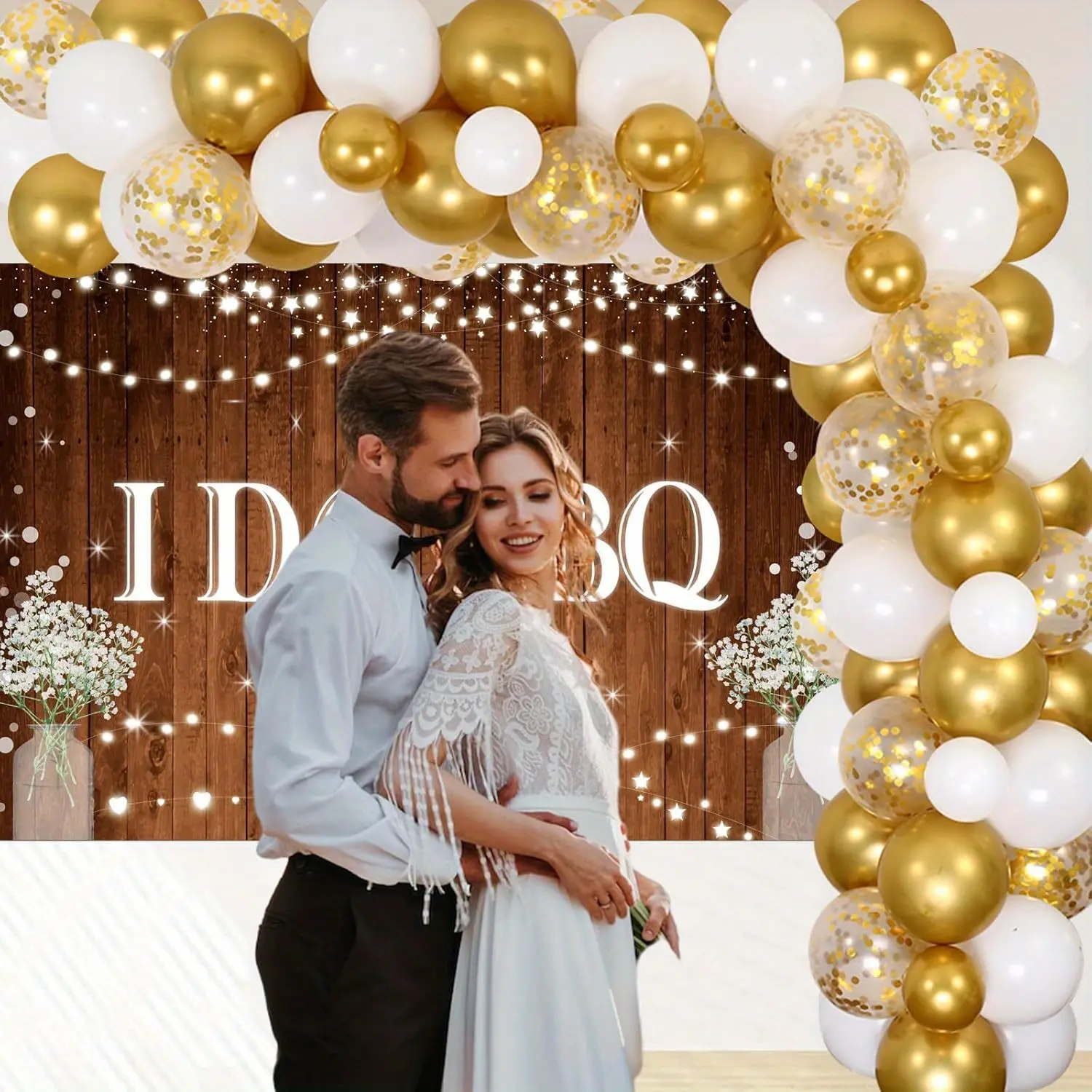 1Set I Do BBQ Bridal Party Decorations Bbq Engagement Party Decor I Do Bbq Backdrop Banner Rustic Wood Wedding Theme Gold Balloons Kit Diamond Ring Foil Balloon Glitter for Men Women Couples