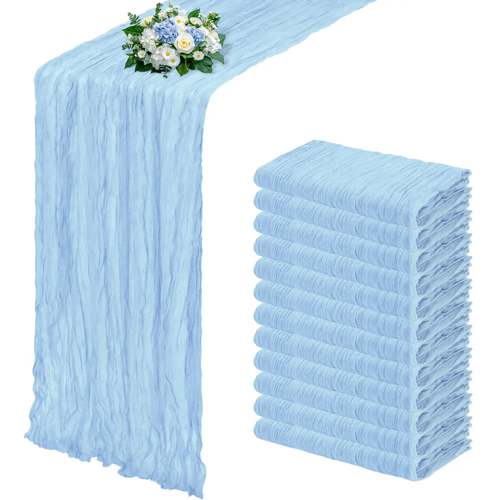 6/12 Pack Light Blue Cheesecloth Table Runner 17x108 Inch Boho Gauze Cheese Cloth Table Runners for Wedding Party Baby Shower Birthday Home Decor