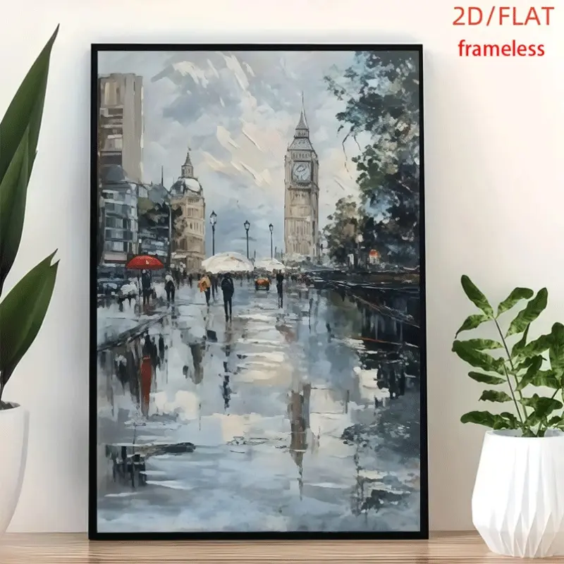 frameless Rainy London Street Big Ben Art Poster Art Decor Print Poster, Wall Art for Living Room, Bedroom, Office, Dining Room & Bar, Perfect Gift & Home Decor, 12in x 16in