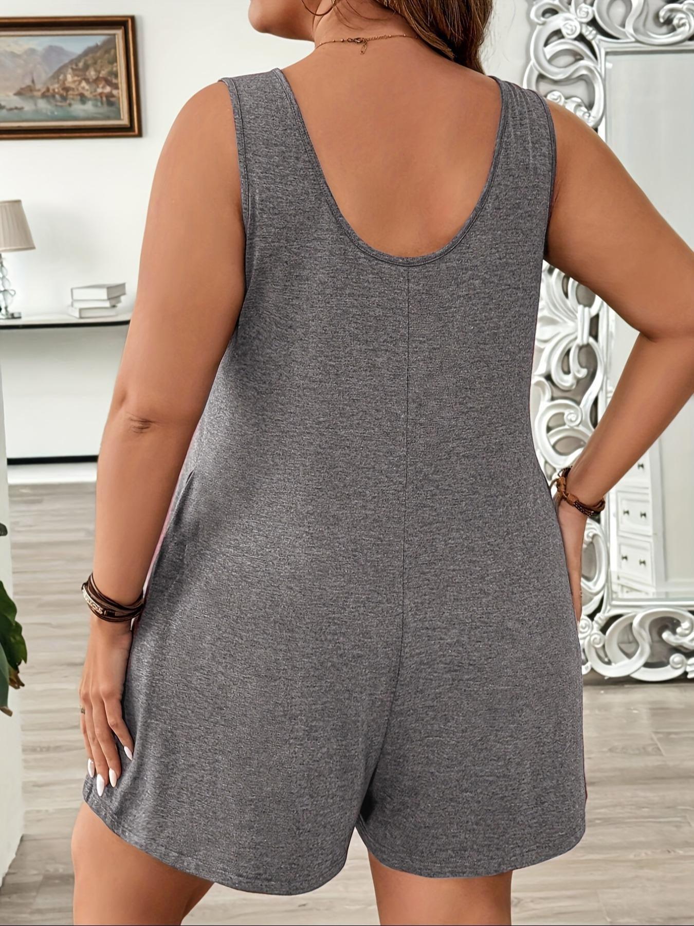 Plus Size Solid Color Sleeveless Fitted Romper, Elegant Casual Romper, Casual Comfy Romper for Summer, Women's Plus Clothing for Daily Wear, Basic, Casual Sleeveless Overalls, Womenswear