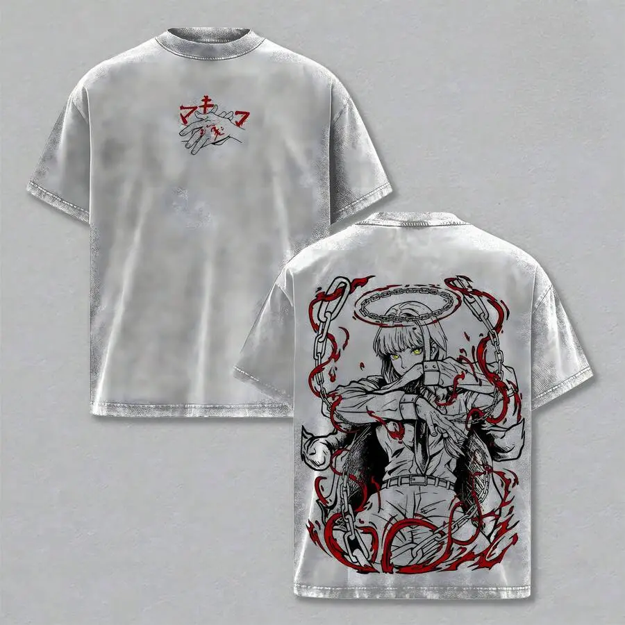 Vintage Grunge Japanese Streetwear Washed Distressed Makima Anime Art Double Sided Print Relaxed Cotton T Shirt Symbol Hand Front Mark Short Sleeve Crewneck Top Hip Hop Anime Expo Daily Hangout Casual Outfit