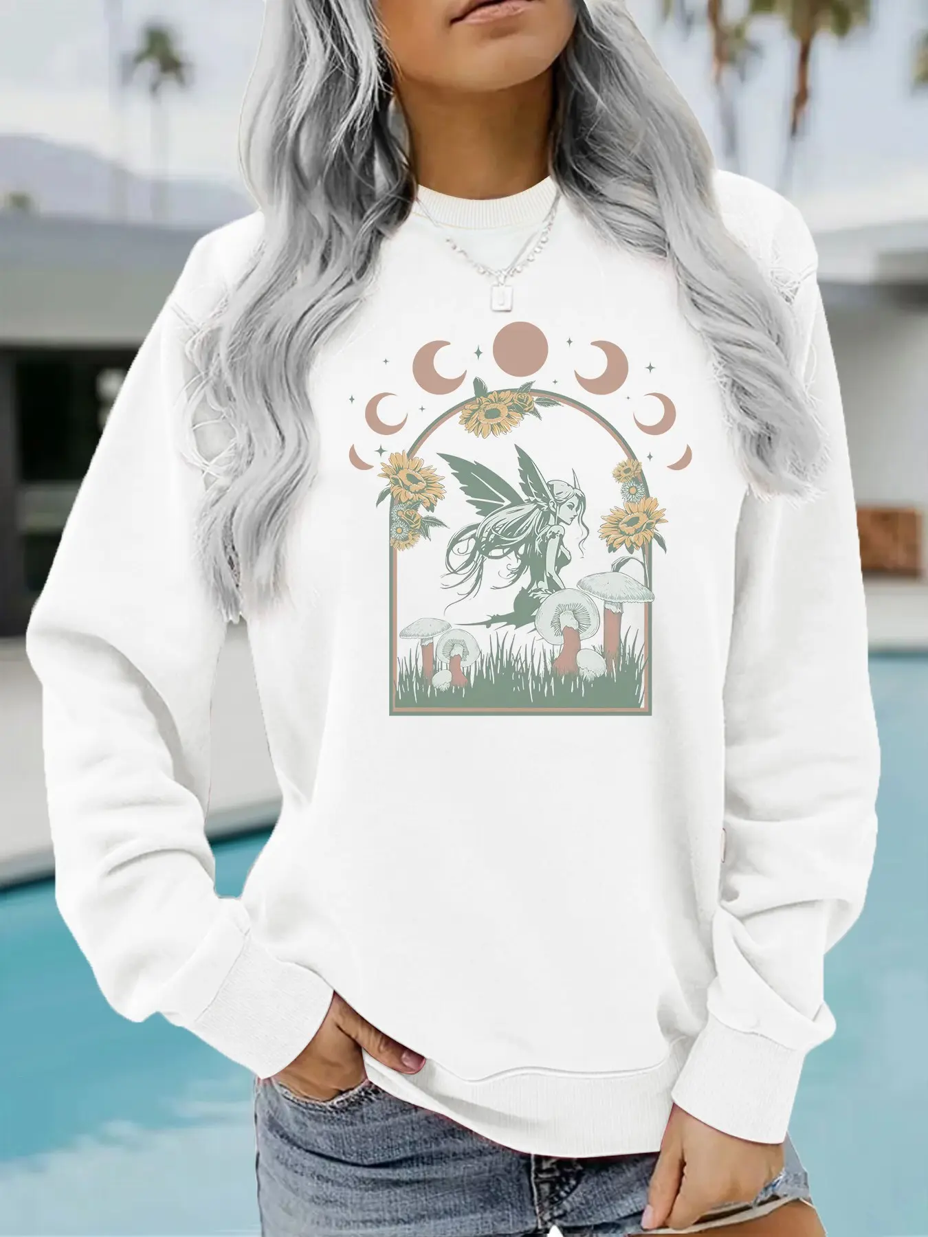 Women's Casual Round Neck Fleece Sweatshirt, Moon Magic Mushroom Pattern, Four-Season Fashion Top, Comfortable Daily Wear