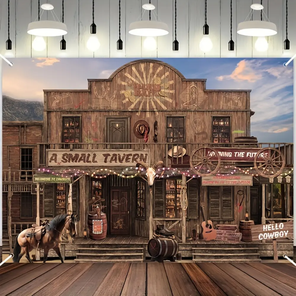 2D Flat Banner Western cowboy tavern themed polyester photography backdrop, HD digitally printed soft lightweight foldable background cloth, suitable for event photos, product photography, portrait shooting, video studio scenes, l