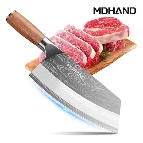 Ultra Sharp Chinese Cleaver Knife, Stainless Steel Meat & Vegetable Kitchen Knife, Wooden Handle with Gift Box