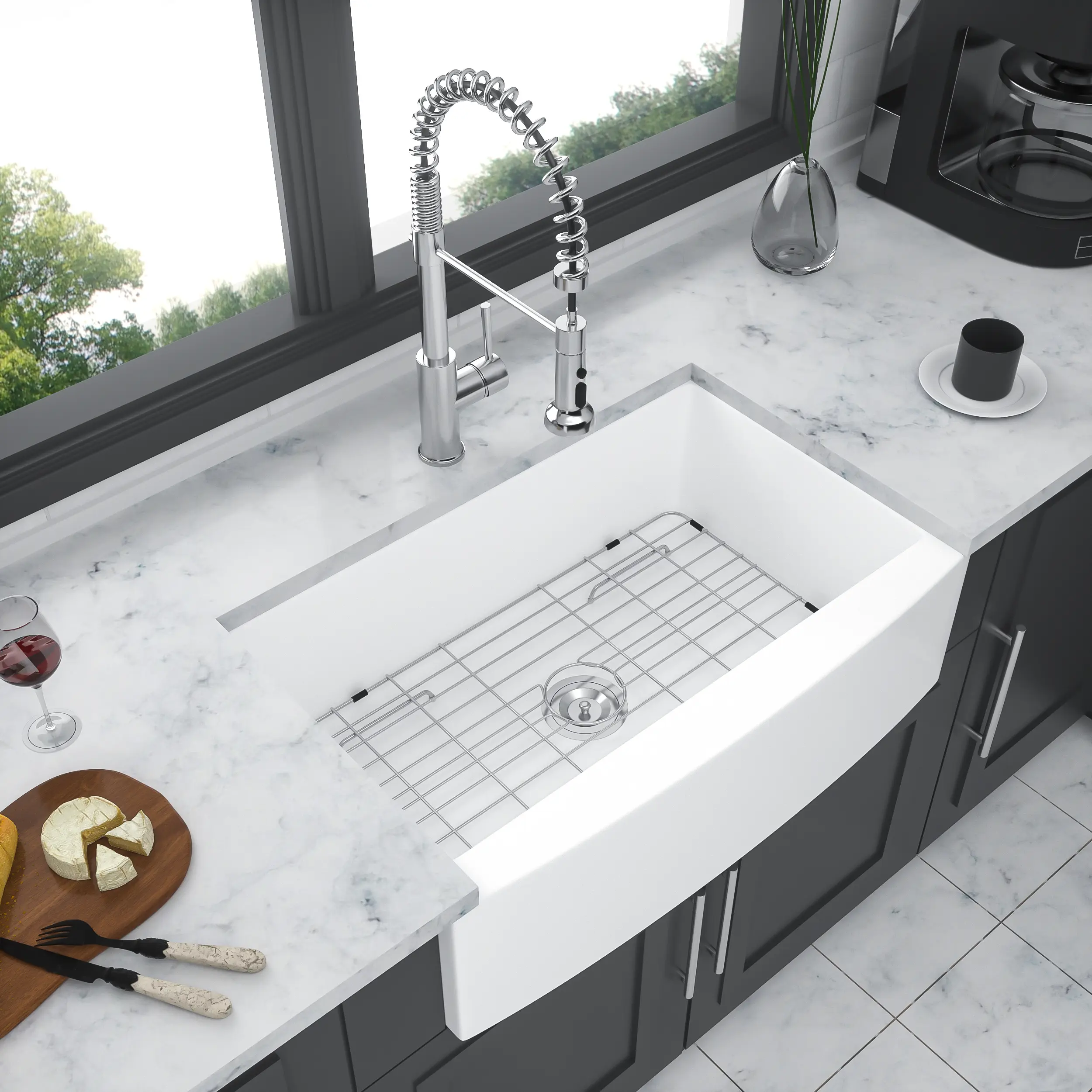 ARCH White Classic 33 x 21 x 10 Inches Ceramic Porcelain Apron Front Single Bowl Farmhouse Kitchen Sink with Arch Edge - Home Indoor Traditional Fixture for Laundry Utility Room, Bar Prep Wash Station, Apron-Front Sink