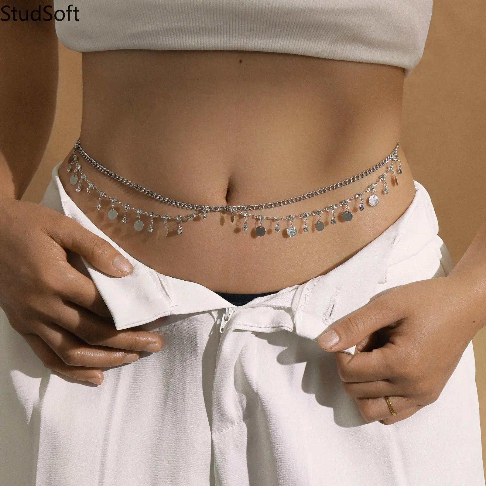 Women's Sexy Waist Belly Chain Double Layer Sparkly Rhinestone Sequin Tassel Body Chain for Summer Beach Music Festival Party Bikini Jewelry Gifts