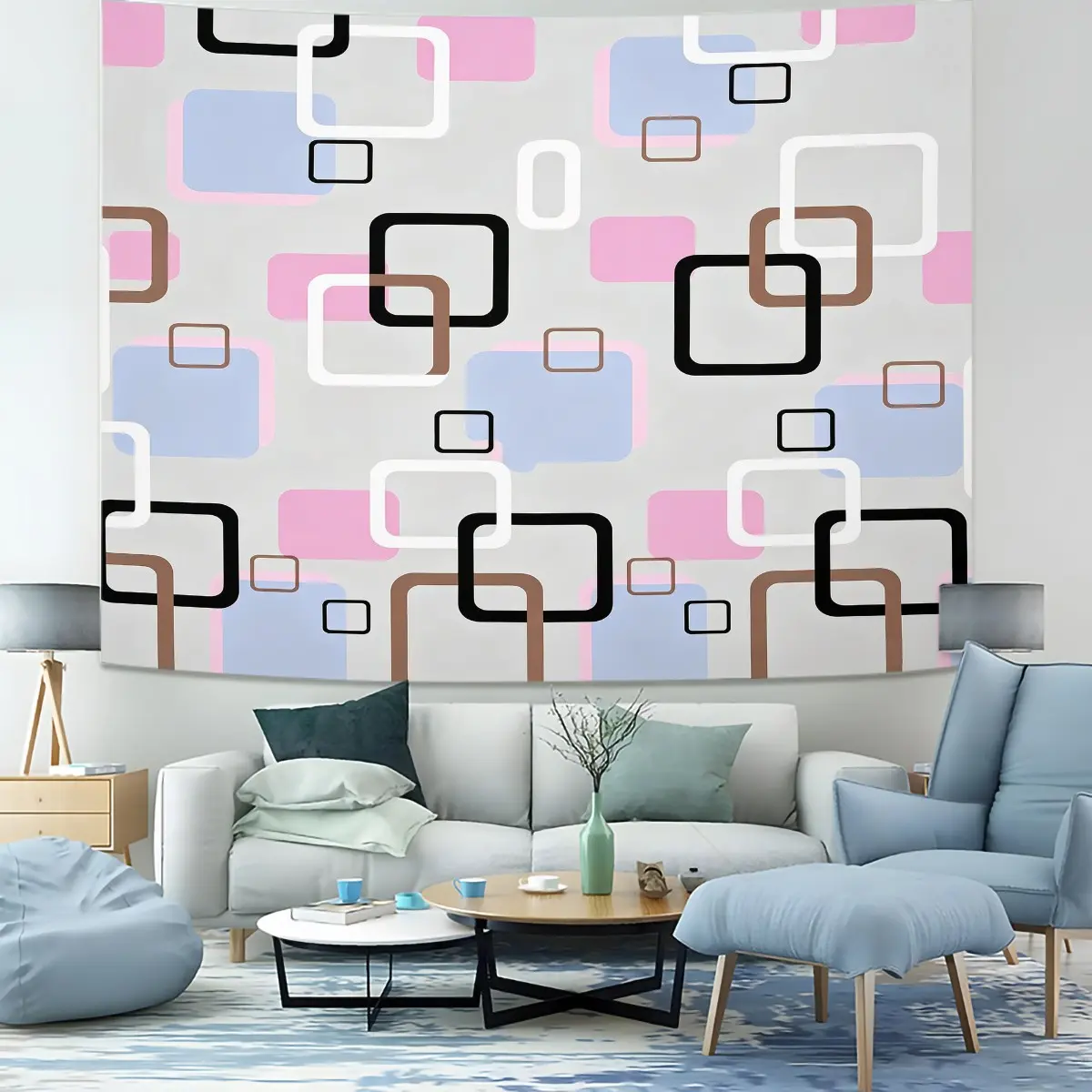 Pink Blue Geometric Square Tapestry, Modern Square Wall Hanging Art for Boys Girls Adults Room Decor Mid-century Checker Wall Blanket Minimalist Porch Hangings