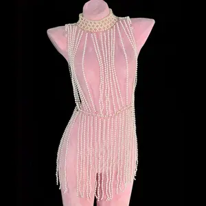 Classic Long Tasseled Faux Pearl Dress Stylish Handmade Bead Weaving Accessories Stage Show Party Body Chain