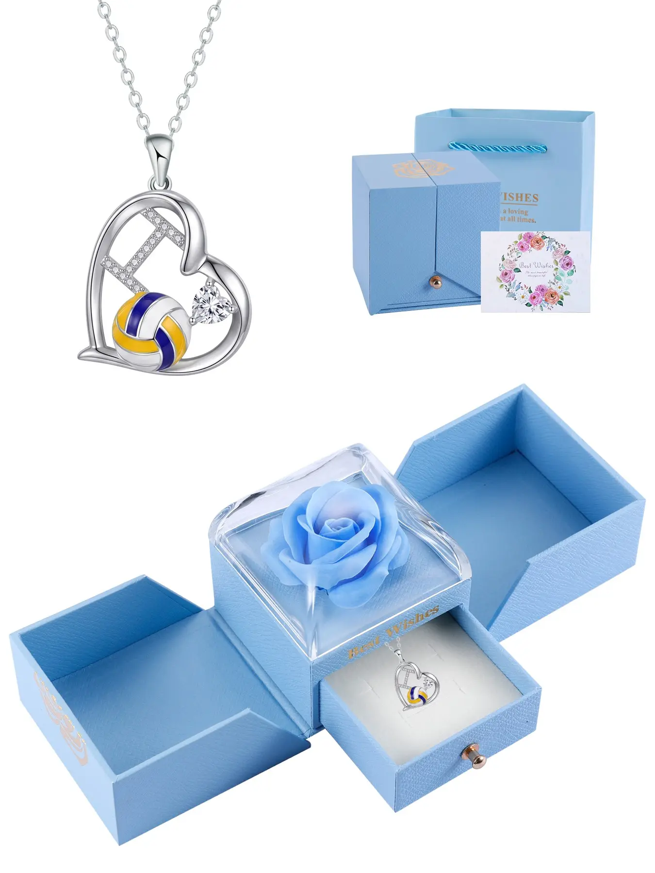 Volleyball Heart Sports Pendant With Rose Jewelry Gift Box, I Love Volleyball Necklace for Women, Birthday Jewelry Gifts for Girls and Sports Lovers