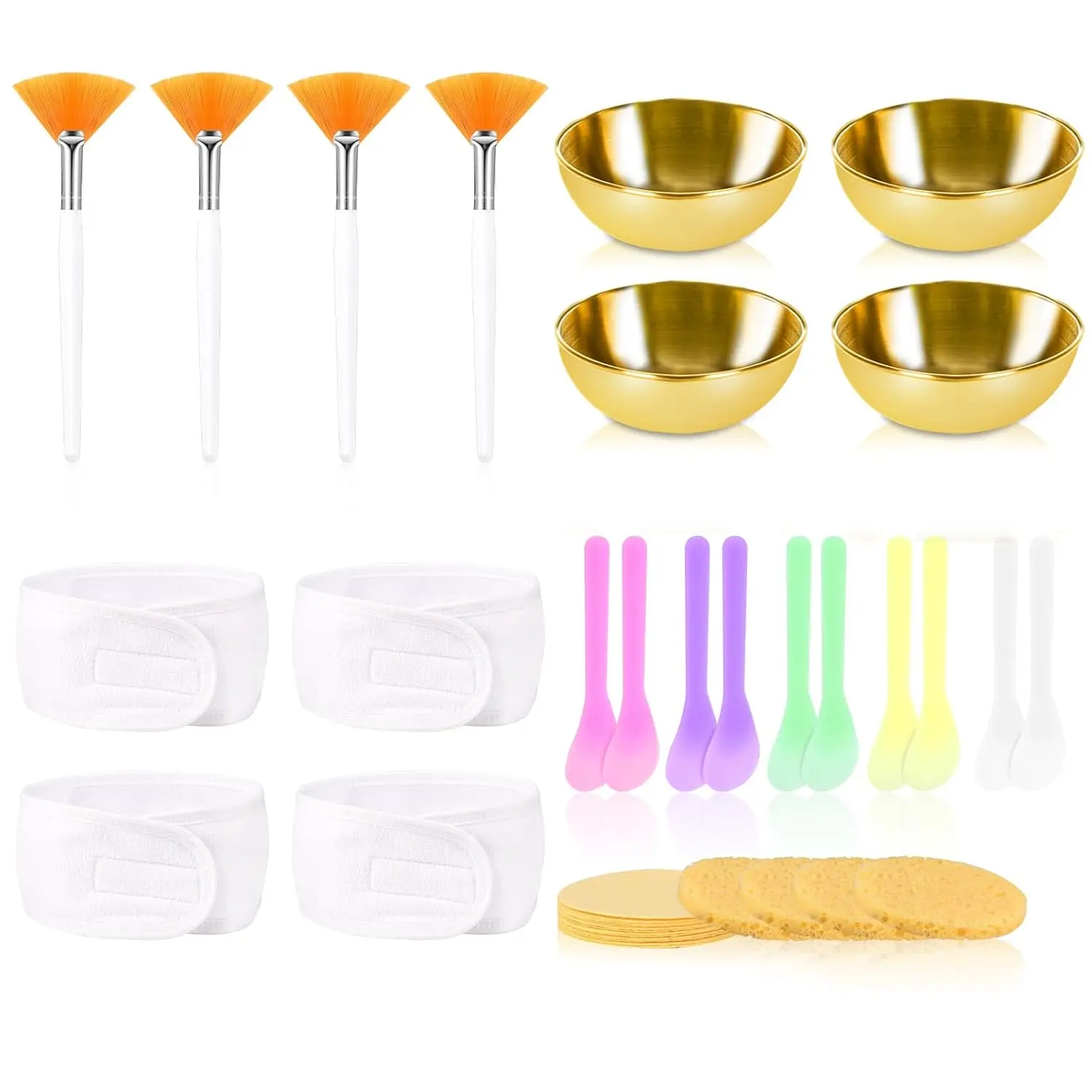 34 Pcs Esthetician Facial Supplies Set: 4 Gold Bowls, 10 Mud Mask Applicators, 4 Cosmetic Brushes, 12 Compressed Sponges, 4 Facial Headbands for Unisex Face Cleansing