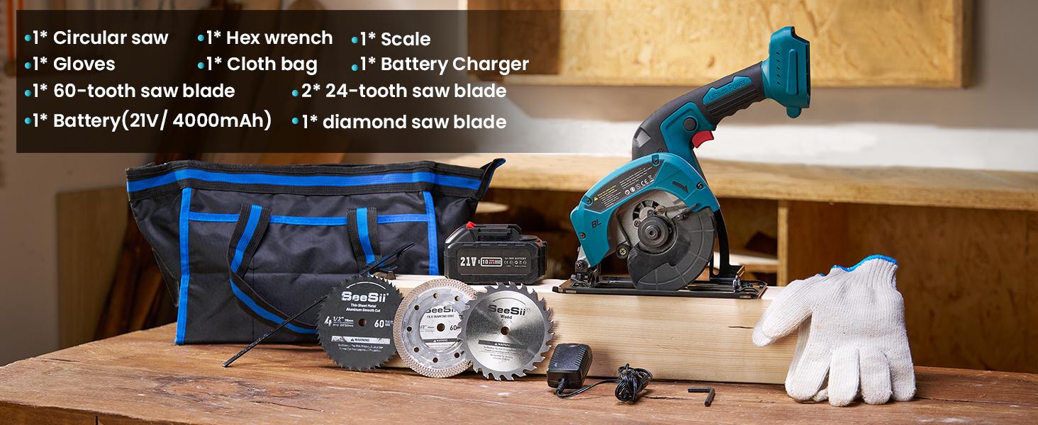 SeeSii Cordless Mini Circular Saw, 4-1/2" Electric Compact Circular Saw with 4.0Ah Battery, 5380RPM, 4 Saw Blades, Rip Guide, Max Cutting Depth 1-11/16"(90°), 1-1/8"(45°) for Wood, Plastic, Soft Metal CS410 #TikTokShopBlackFriday