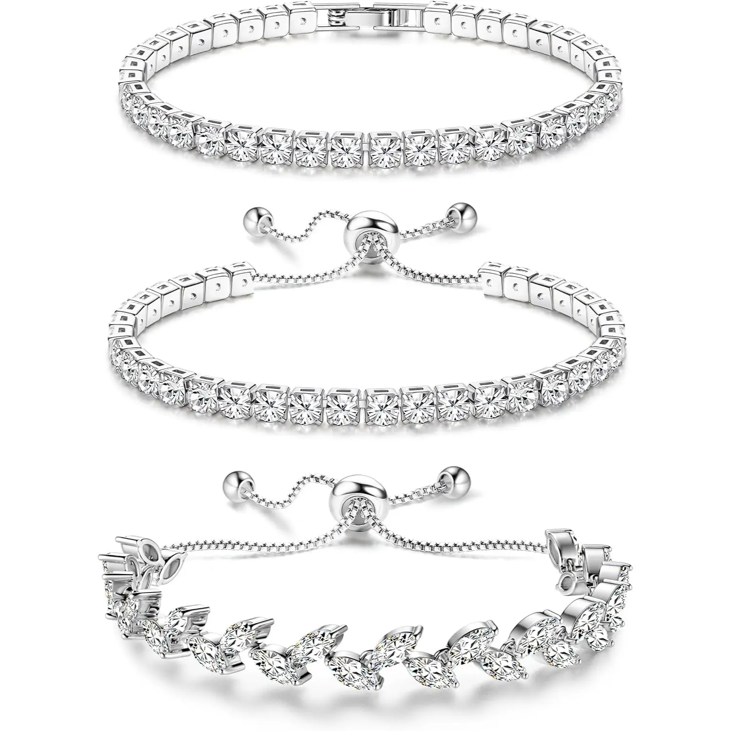 Fansilver 3Pcs Silver Plated Tennis Bracelets For Women CZ Bracelets Jewelry Bracelet Stack Cubic Zirconia CZ Adjustable Stackable Bracelets Set For Prom Wedding Gift