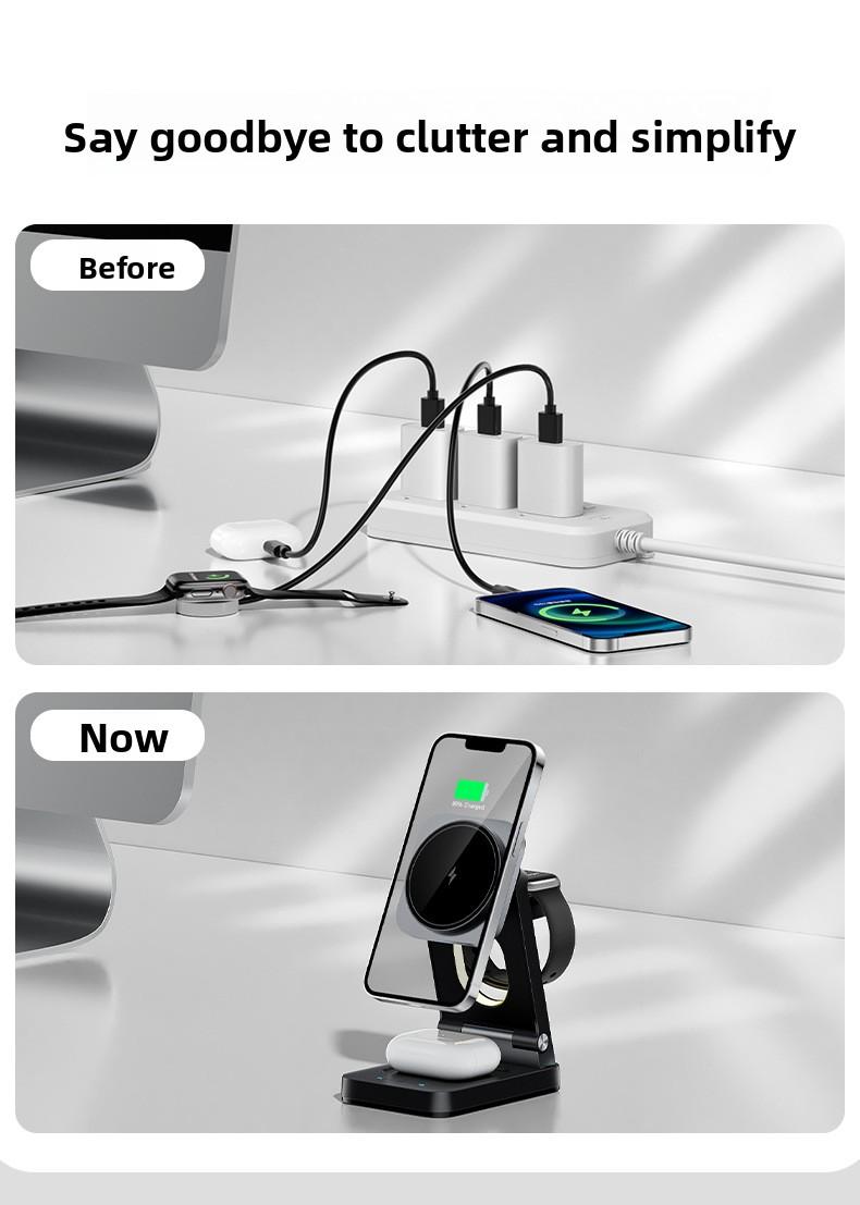 New foldable magnetic three-in-one wireless fast charger suitable for Apple phone stand wireless charging