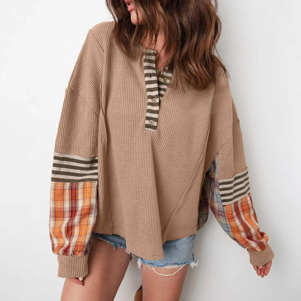Women's Straw Yellow Waffle-Stripe, Plaid Patchwork Henley Knit Pullover Top