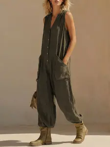 Military Sleeveless Button-Up Workwear Romper for Women, Vintage Relaxed Casual Style, Ideal for Outdoor Activities, Daily Commute, Spring Summer