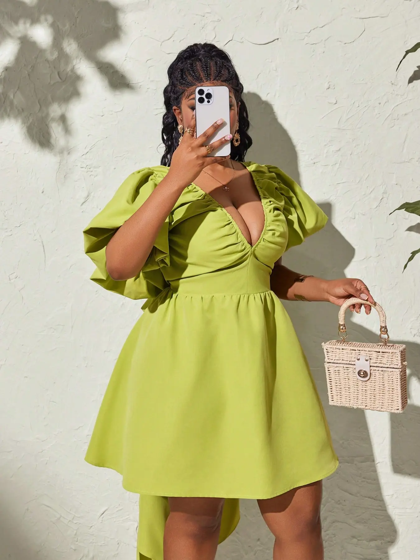 Plus Size Women's Avocado Bubble Sleeve Dress, Deep V Neck, Ruched Waist, Bow Tail, Holiday Party, Beach Vacation