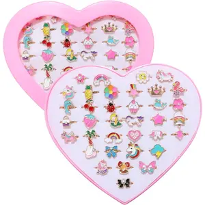 36pcs Little Girl Alloy Jewelry Rings, Adjustable Unicorn Rings Toys, No Duplication Kids Play Ring in Box,Dress Up for 4-12 Year Old Girls, Birthday Christmas Valentine's Day Easter Holiday Gifts