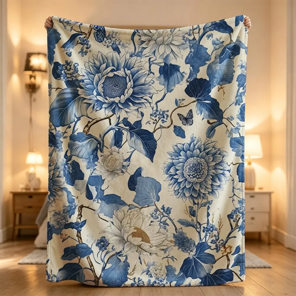 Floral design blue sunflower leaves butterfly vine elegant cozy soft warm plush Flannel blanket, sofa leisure blanket, bed blanket, Plush Throw Blanket,Cozy Soft Lightweight Blanket,Boho Decorative Throw Blanket
