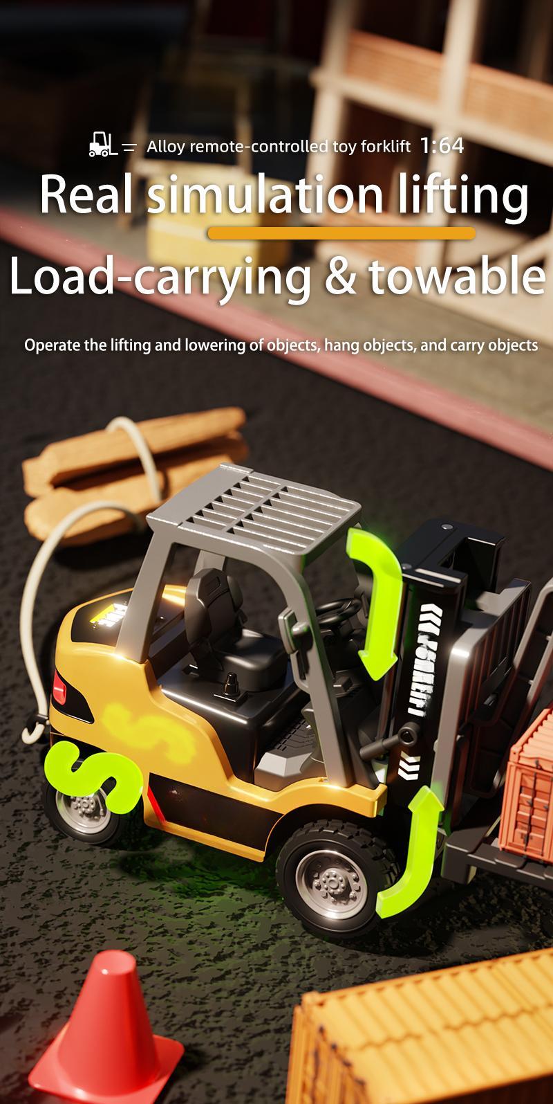 1/64 Mini RC Forklift, Remote Control Excavator, 11 Channel 2 Mode 2.4Ghz Remote Control Alloy Construction Vehicles Set with USB-C Rechargeable, 2 in 1 Transformable Lift Fork & Hook, Birthday Christmas Gift for Kids Adults Boys and Girls