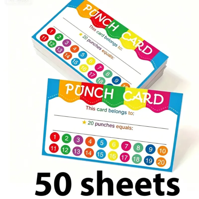 Bright 50pcs punch reward cards with 20 tracking circles each. Great classroom & home incentive tool. Write names & prizes, mark kids’ good deeds with a hole punch. Vivid rainbow design, sturdy paper for teachers and parents.