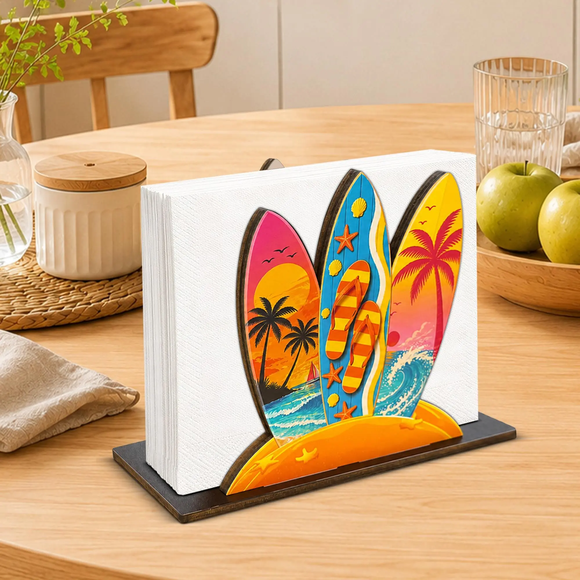 1 piece Summer Surfboard Wooden Napkin Holder, Tropical Beach Palm Tree Starfish Seashell Table Napkin Dispenser, Coastal Hawaii Style Wood Paper Napkin Stand for Kitchen Dining Table Beach Party Decor