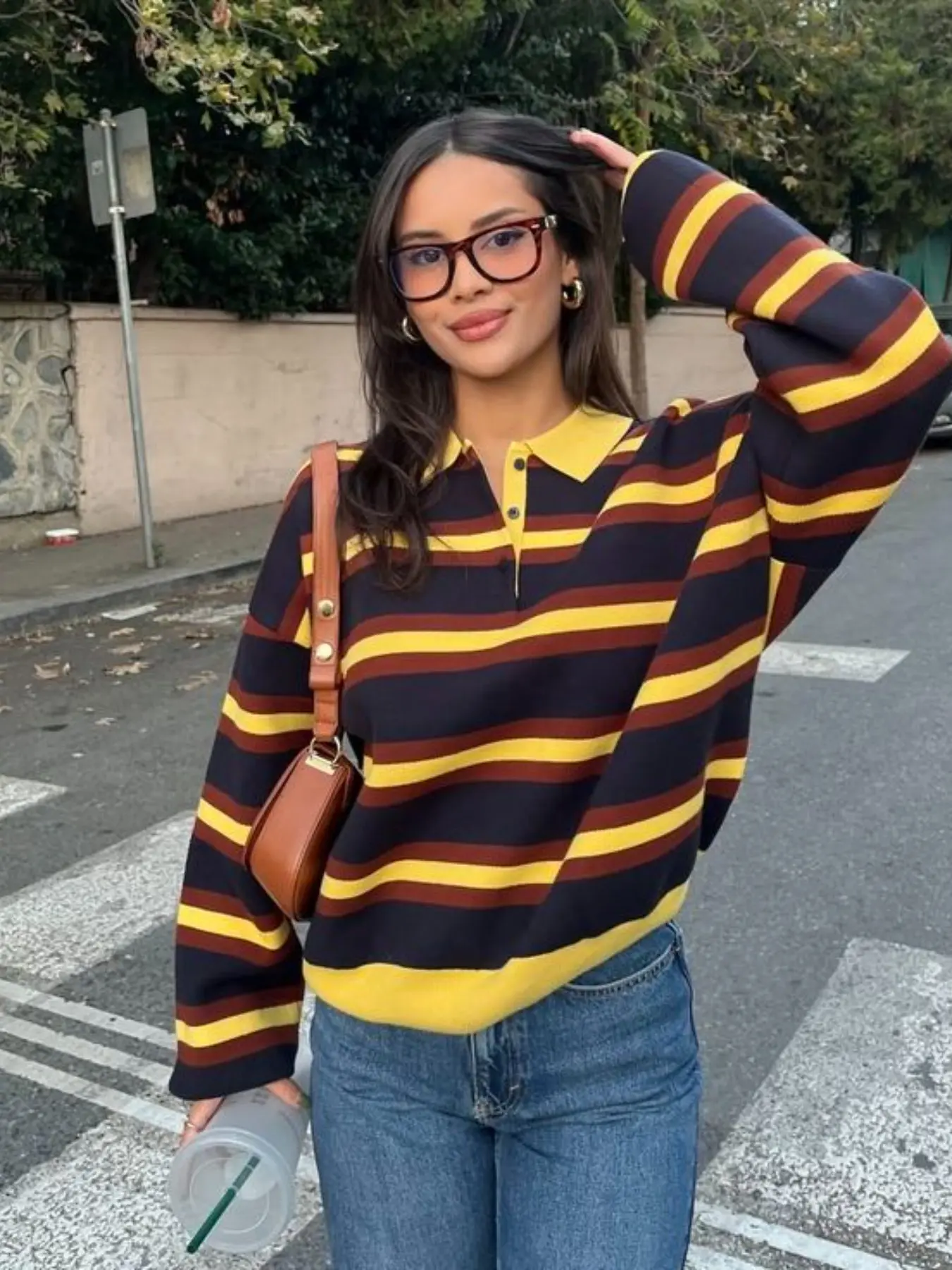 Vintage Colorblock Striped Polo Shirt, Loose Knit Long Sleeve Top, Classic Polo Collar Half Open Design, Casual Wear Knitted Dhs2635
