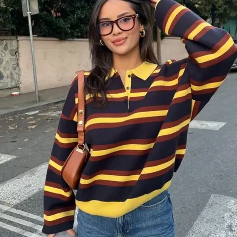 Vintage Colorblock Striped Polo Shirt, Casual Polo Shirts, Loose Knit Long Sleeve Top, Classic Polo Collar Half Open Design, Casual Wear Dhs2635