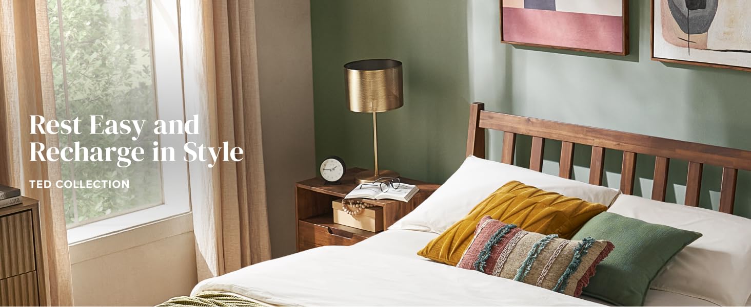 mopio Ted Bed Frame with Headboard, Mid Century Modern Acacia Solid Wood Platform Bed Frame, Wooden Slats, No Box Spring, Double Metal Bar Support (Solid Wood Slatted, King (U.S. Standard))