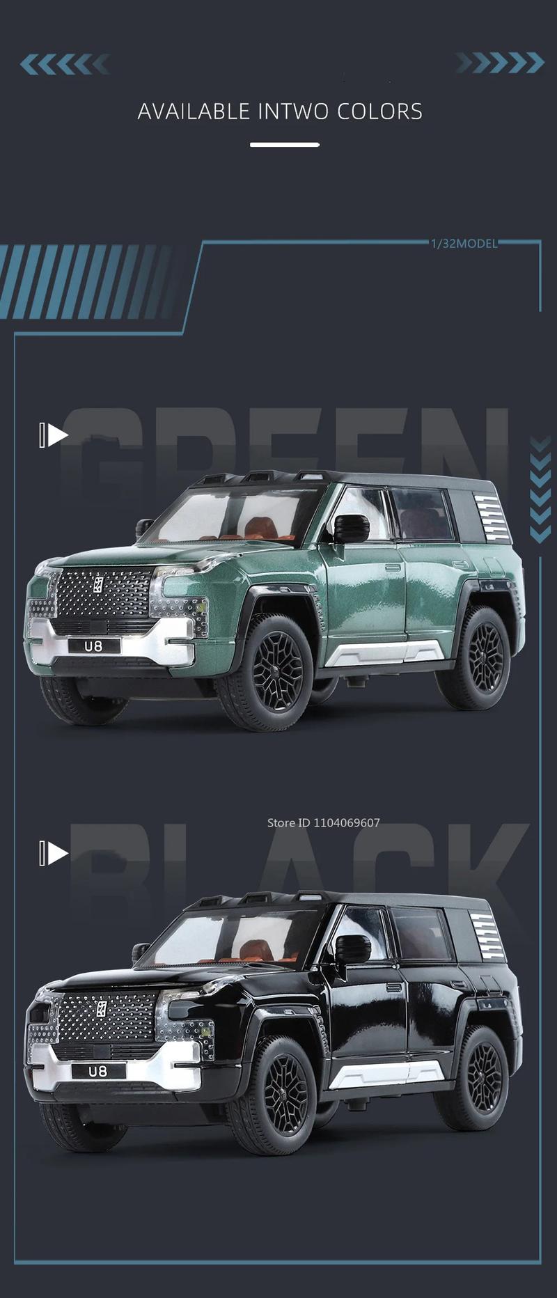 1:24 BYD Wuling U8 Model SUV Car Toy Alloy Die-cast Pull-back 6 Doors Openable Sound Light Off-road Vehicle Boy Gift