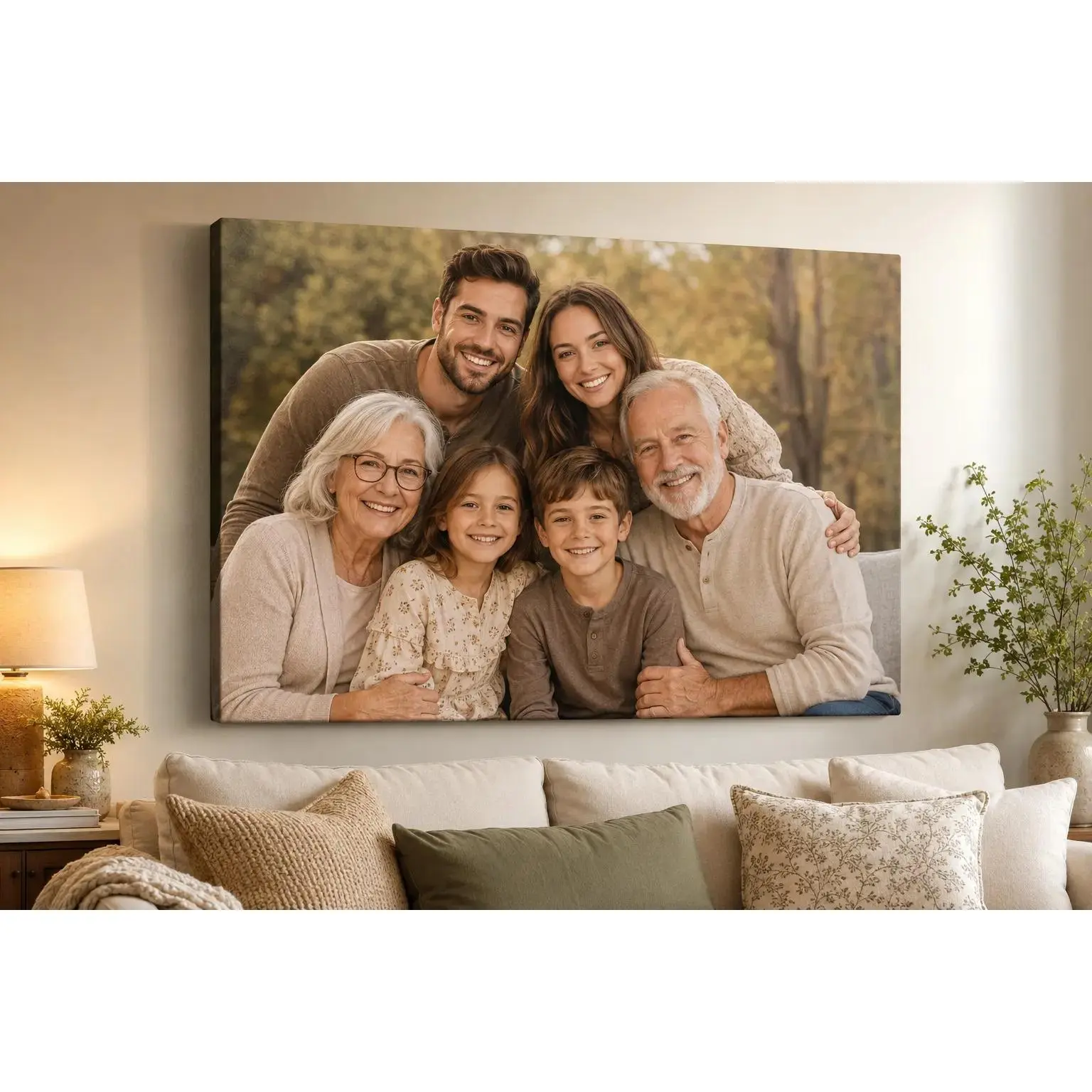 Custom Autumn Woods Multi-Generation Family Canvas Wall Decor Poster, Grandparents Parents Kids Family Portrait Print, Wall Art for Living Room Bedroom Apartment, Decor Poster Print, Available as Unframed Canvas Poster or Framed Canvas Wrap