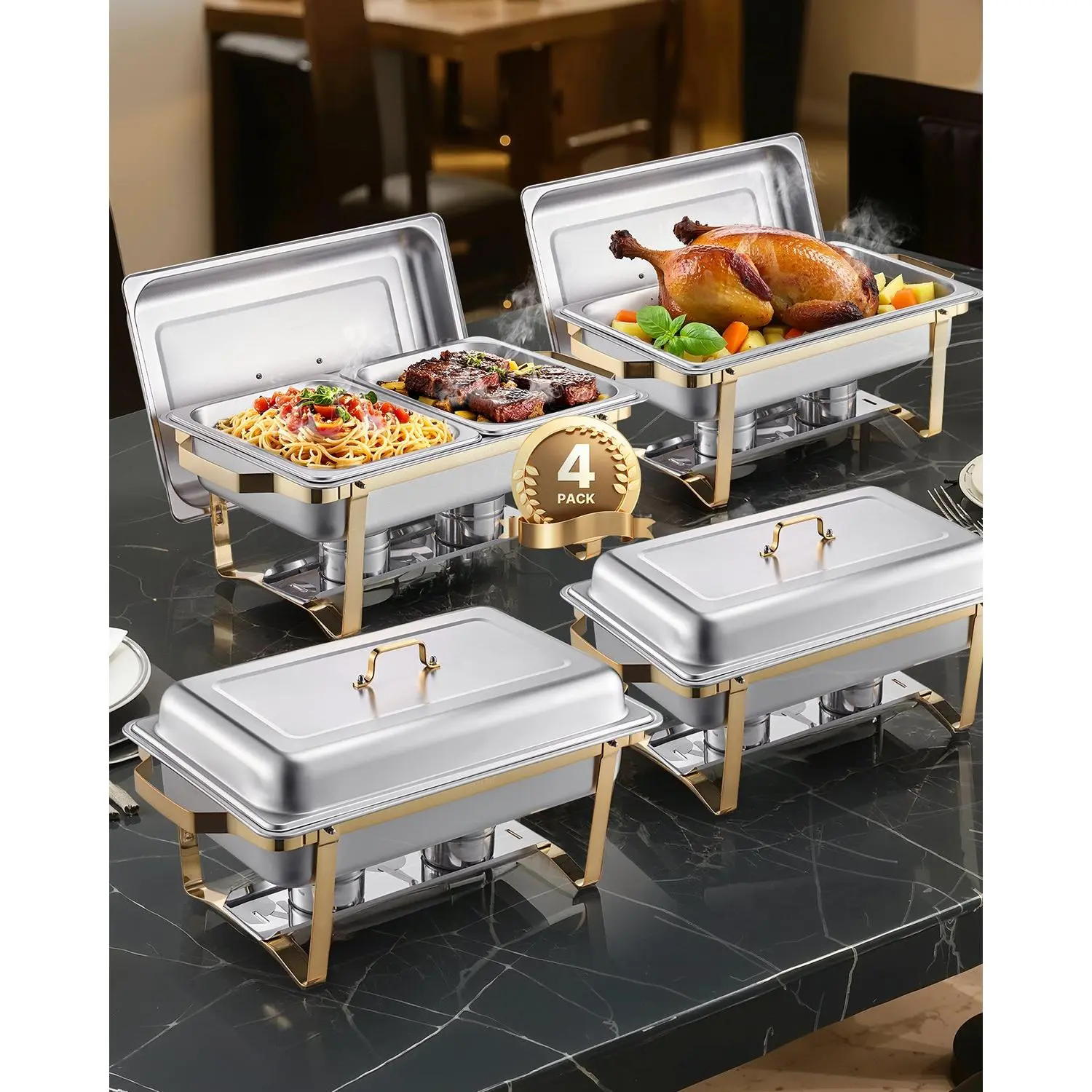 【DealsForYouDays】VEVOR Stainless Steel Chafing Dish Buffet Set, 8 Qt 4-Pack Rectangle Catering Warmer Server with 2 Full-Size, 4 Half-Size Containers, Lid, Water Basin & Stand, for Weddings, Banquets, Gold
