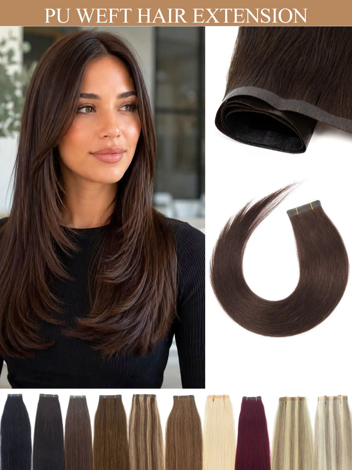 PU Tape Weft Human Hair Human Hair  PU Tape Weft Human Hair , No Glue Tape-In Hair Extensions, Seamless PU Skin Weft, 40G-50G, For Fine Hair, Pre-Sealed With Sew-In Clips,Tapes,Sew In Micro Links