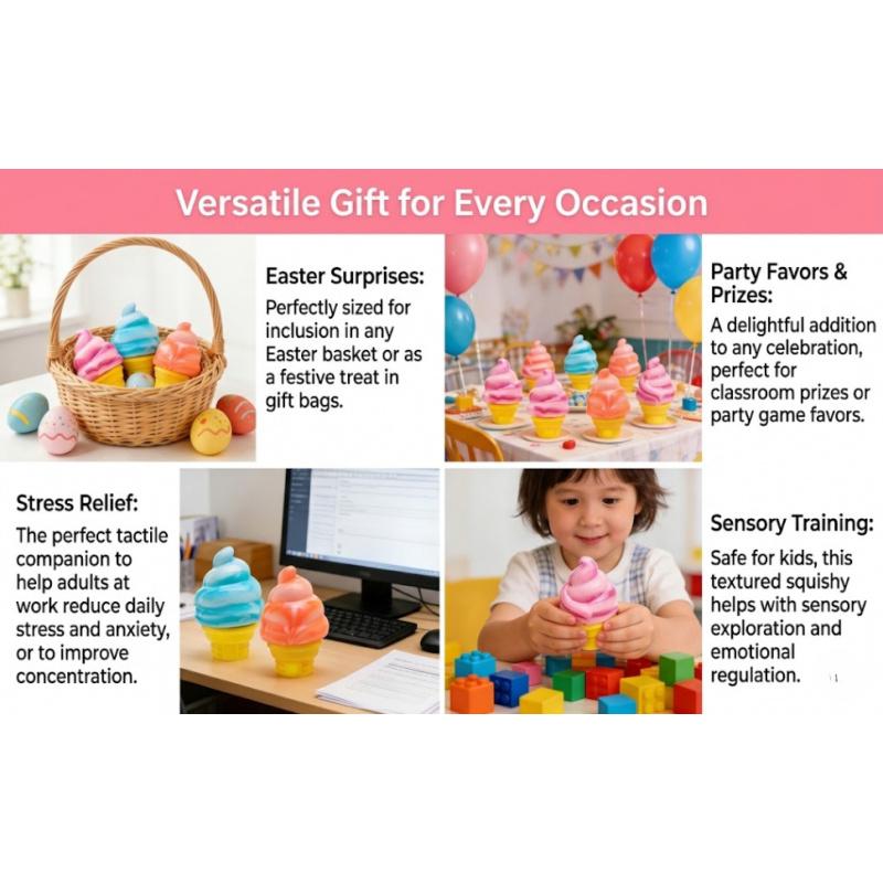 3-pack Ice Cream Soft Gel Filled Sensory Squeeze Toy - Stretchy Jelly Squishy Stress Relief Ball, Calming Anxiety Fidget