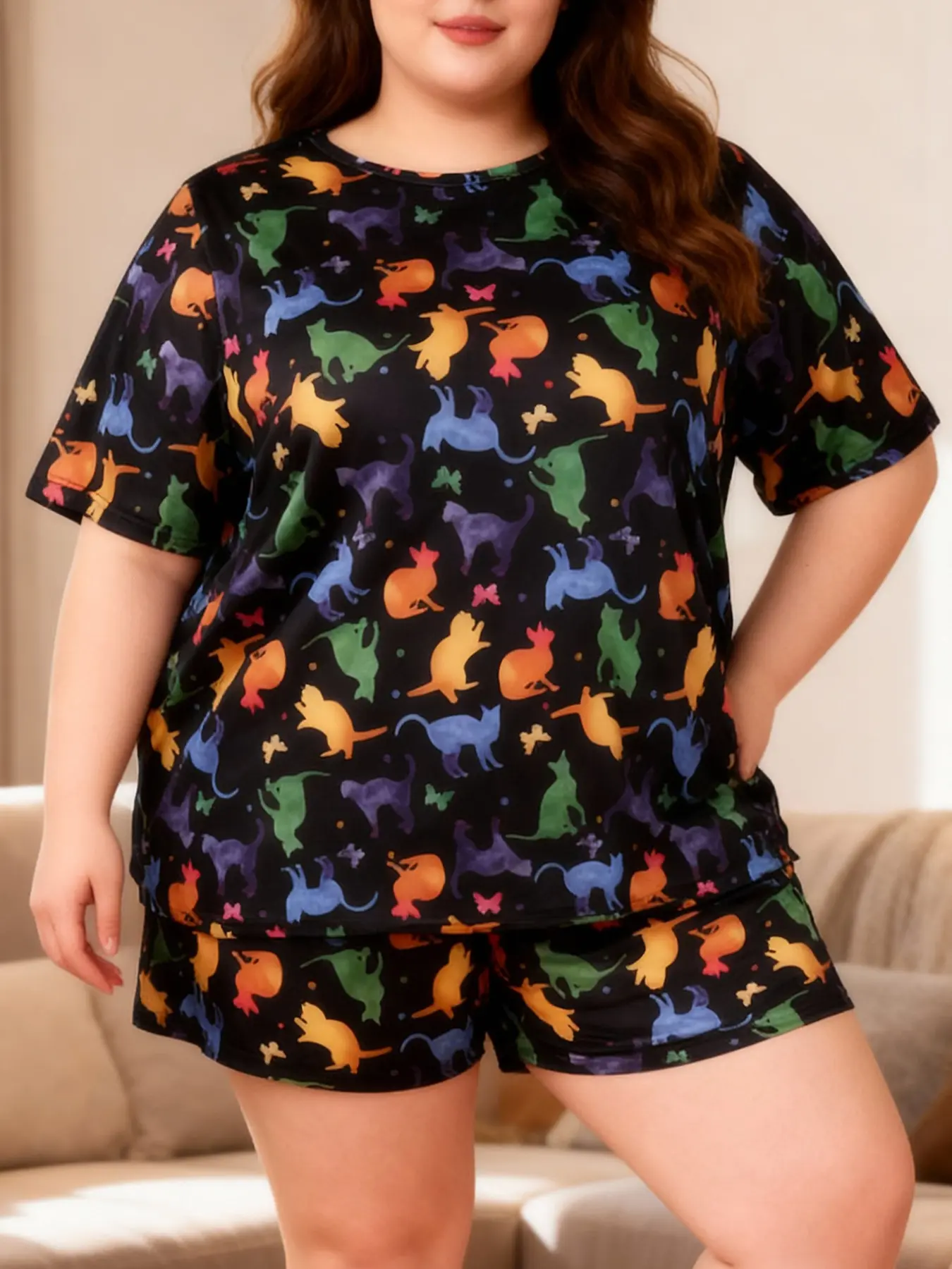 Women's Plus Size 2-Piece Pajama Set, Loungewear, Nightwear, Casual Loose-Fitting Short Sleeve and Shorts, All over Print, Wearable at Home or Outdoors