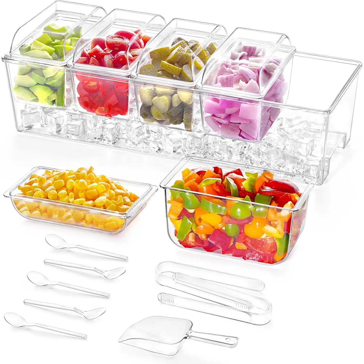 Condiment Tray Server with 4&5 Containers and Removable Compartments, Large Ice Condiment Organizer, Clear Garnish Serving Platter for Kitchen, Fruit, Salad, Food, Bar Accessories