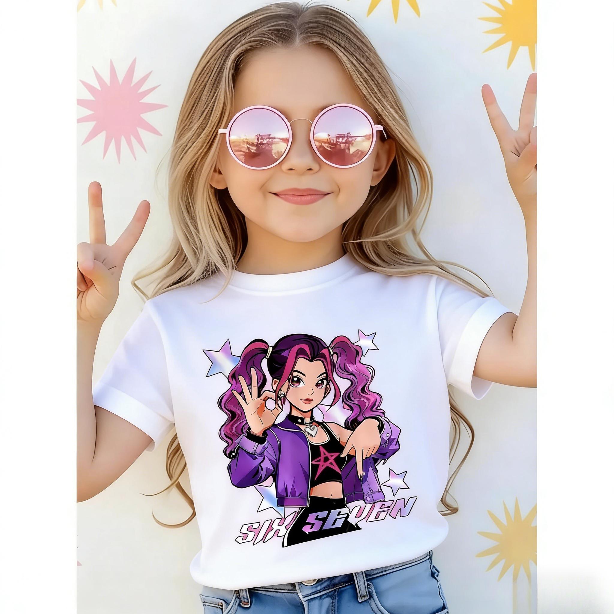 Girls' Easter, Kpop Cool Girl Star Print Short Sleeve T-Shirt, Comfortable Soft Fabric, Casual Sportswear, Perfect Gift for Girls