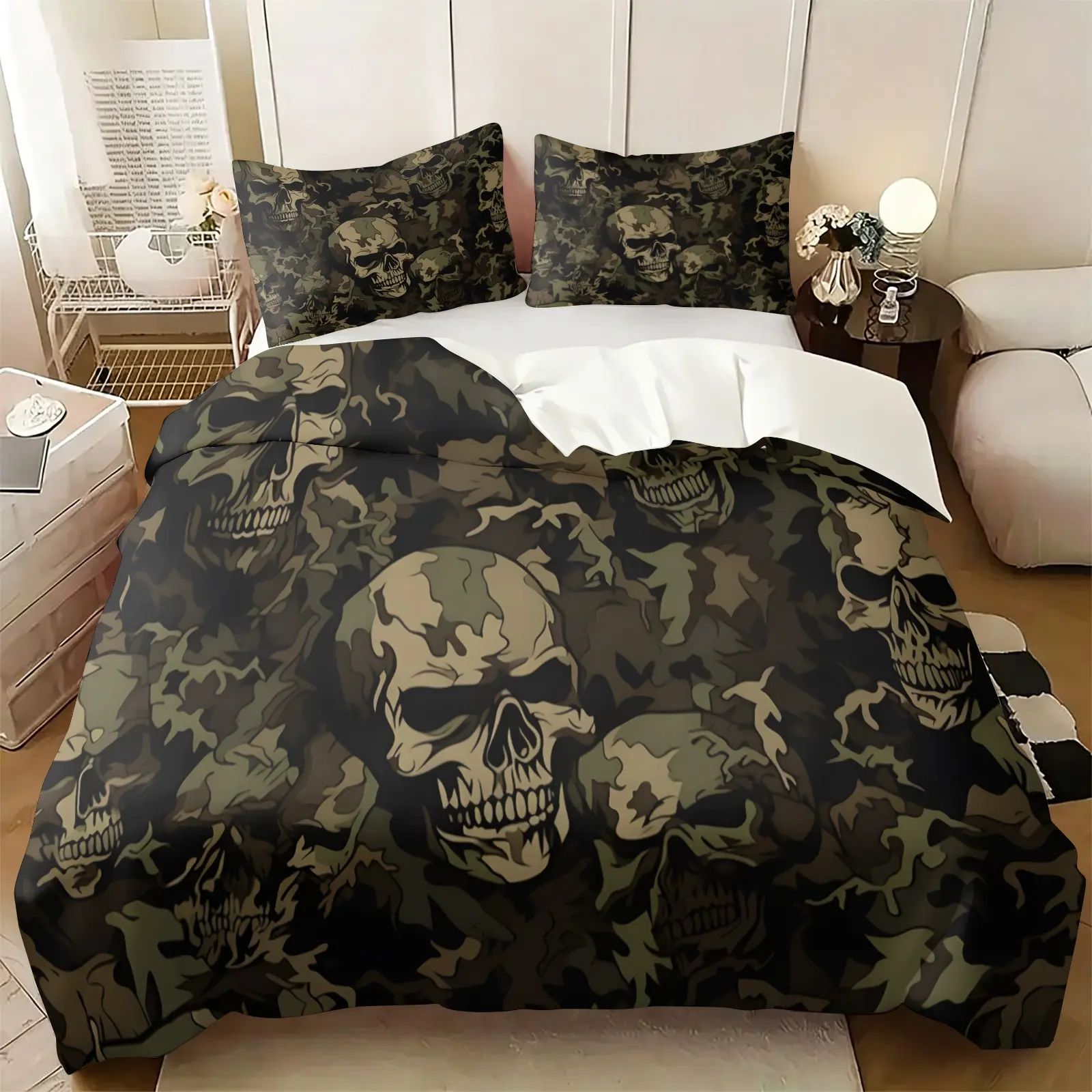 2/3-Piece Skull Pattern Duvet Cover Set, Green-Brown Military Camouflage Bedding Set, Dark Gothic Hunter Style Men'S Bedroom DéCor, A Gift for Cyclists, Veterans and Outdoor Tactical Enthusiasts (Includes 1 Duvet Cover + 1 Or 2 Pillowcases)