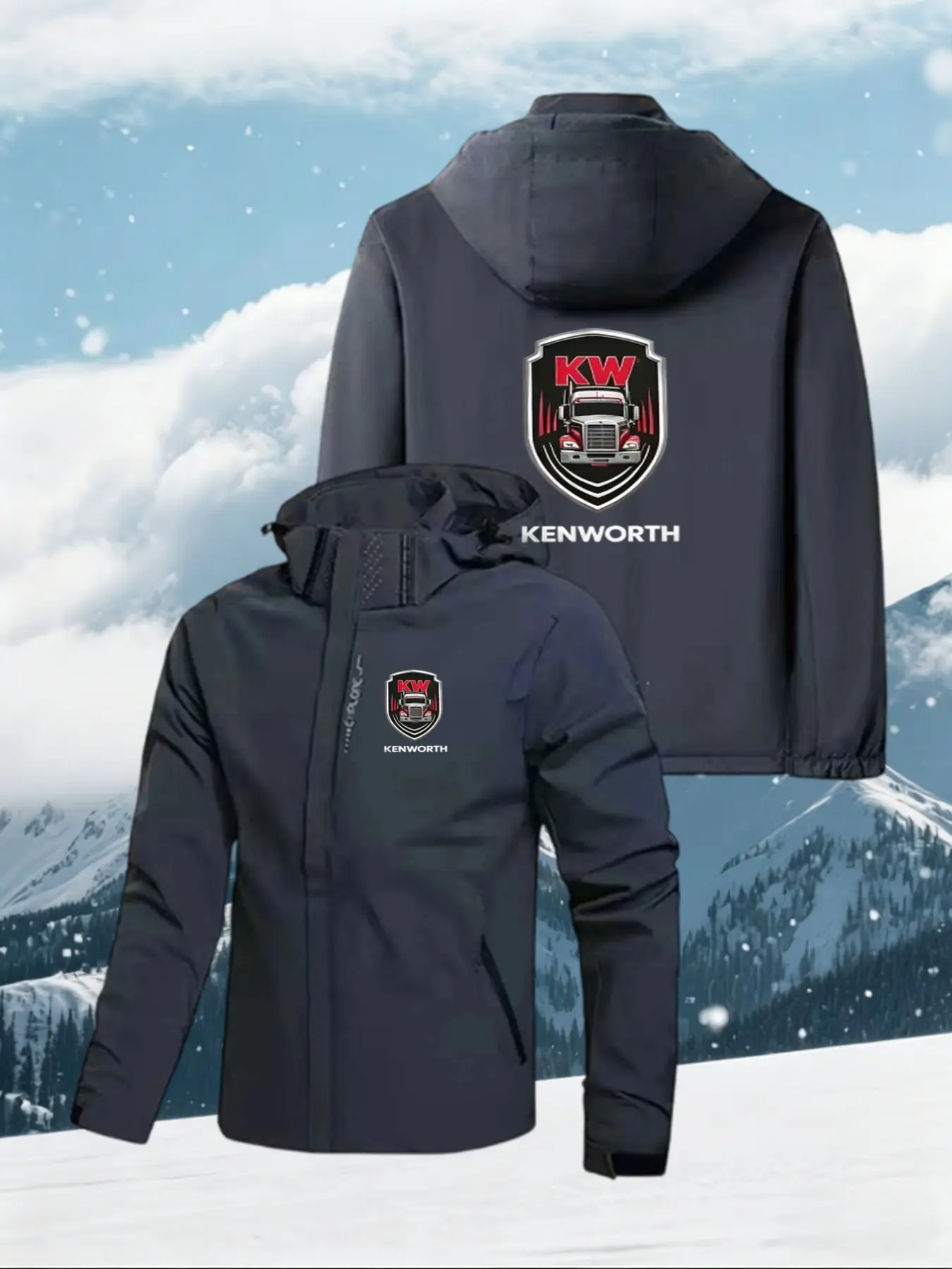 Kenworth Truck Print Men's Hooded Jacket, Long Sleeve Outdoor Windproof Casual Coat, Loose-Fitting Geometric Pattern, All Seasons Fashion