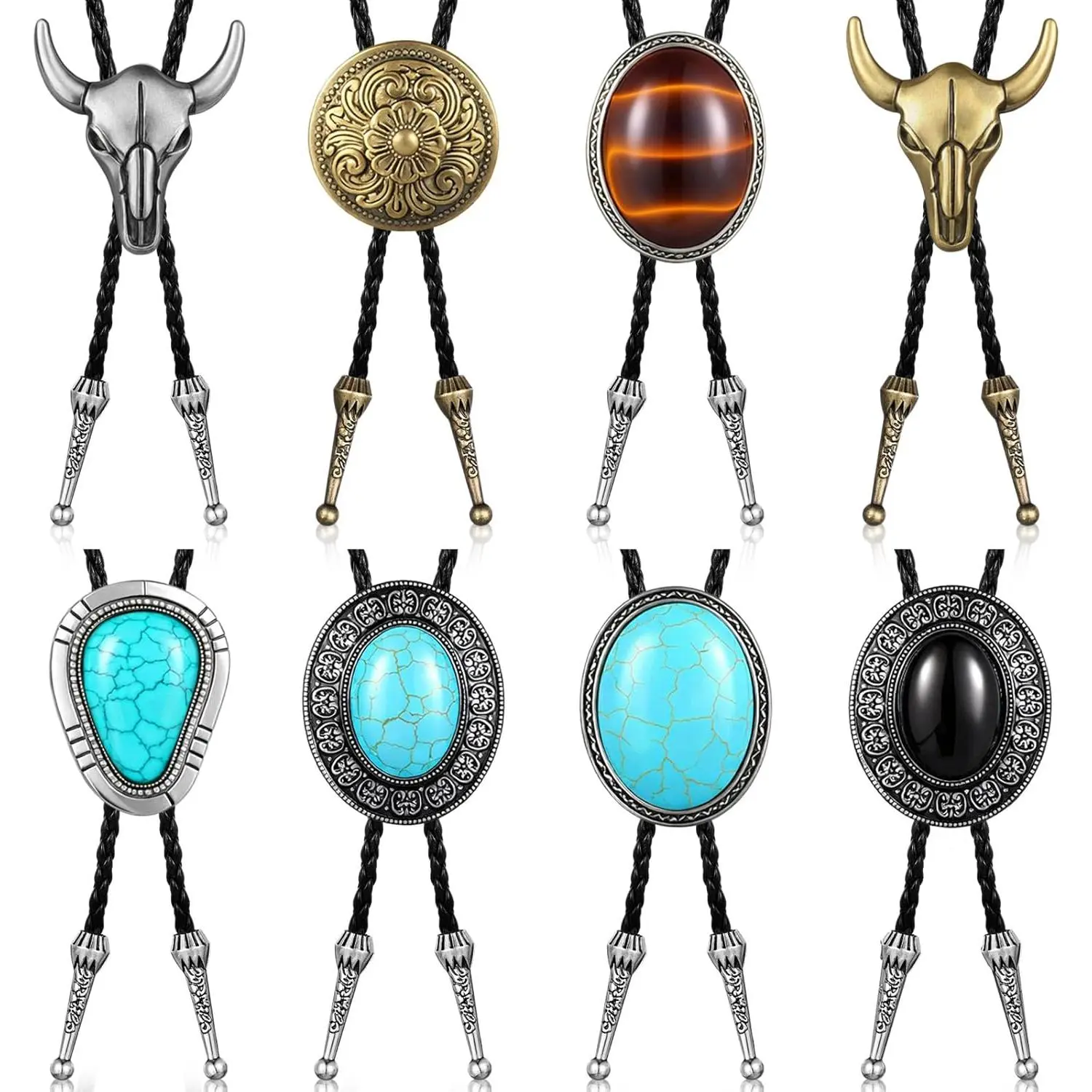 Men Women Native Western Cowboy Bola Tie with Turquoise Stone Faux Leather Necktie for Costume Accessories