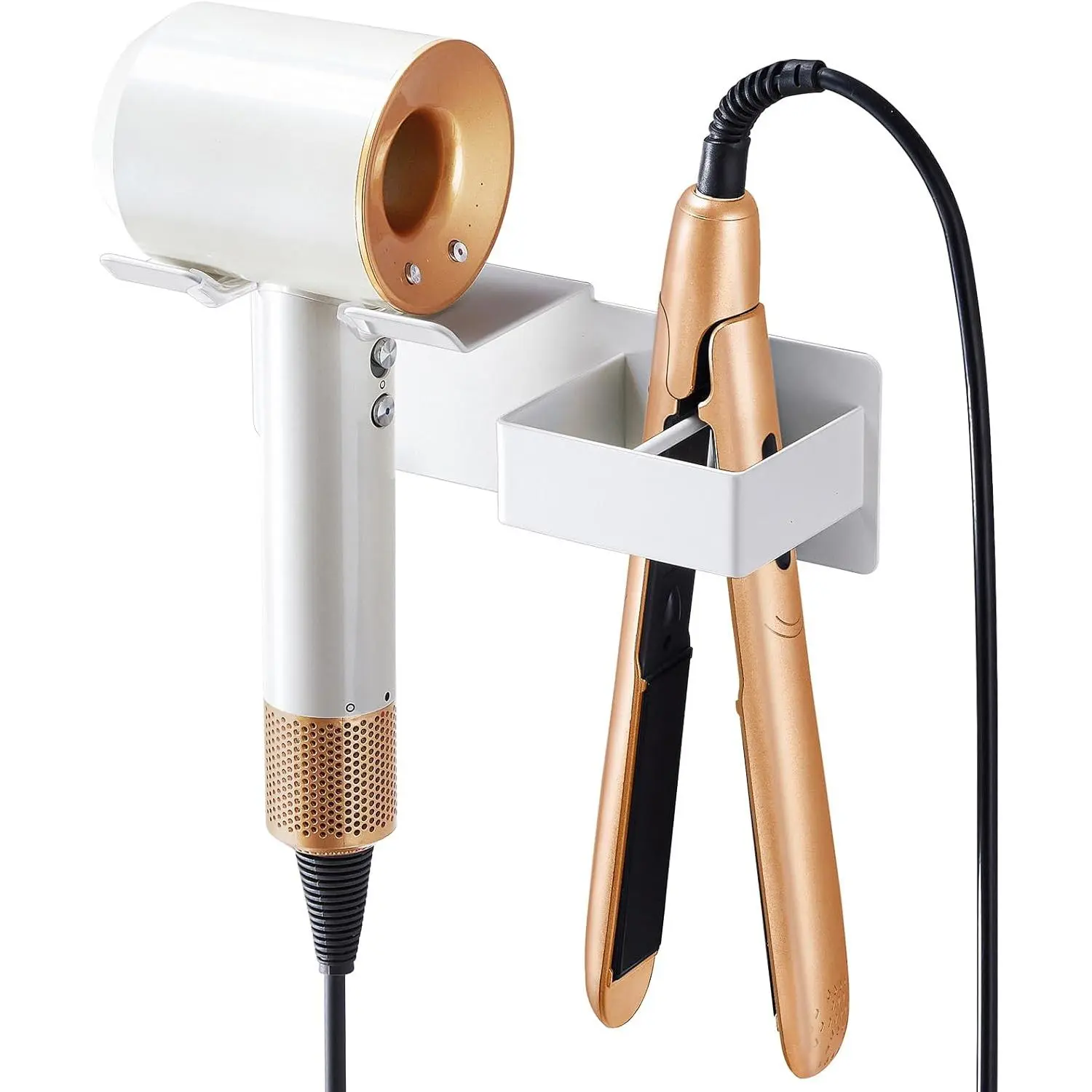 Hair Dryer Holder Wall Mounted, Hair Straightener Holder Metal, Adhesive Blow Dryer and Hair Straightener Holder, Bathroom Bedroom Hair Tool Organizer for Flat Iron,Curling Iron,Hairdryer (White)