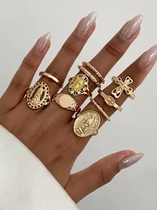 10 Pcs Gold/silver Plated Heart Virgin Mary Ring Set, Y2K Style Stackable Women's Diamond Rings, Boho Fashion Jewelry