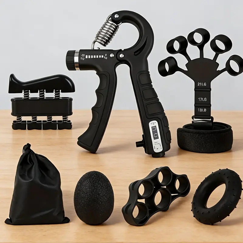 Grip Training Set of 6 Pieces: Adjustable Resistance Grips(grip strengthener), Finger Extenders, Wrist Cuffs, Muscle-Building Arm Exerciser with Portable Bag