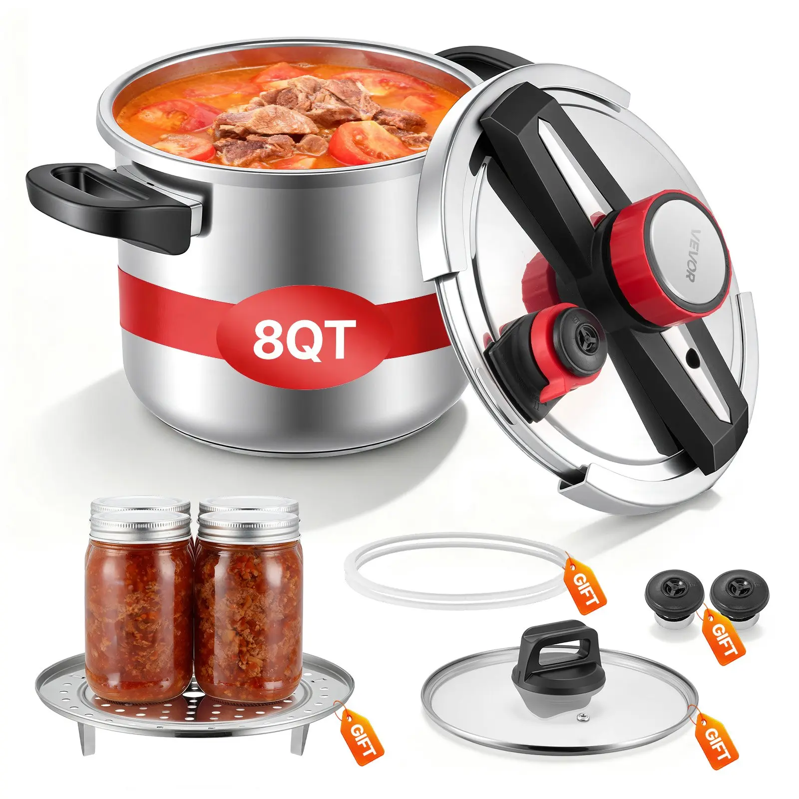 【DealsForYouDays】VEVOR Pressure Cooker, 8Qt Pressure Cooker Stainless Steel, Pressures Canner with Steaming Rack, Tempered Glass Lid, Three Pressures Settings for Meat, Beans, Rice, Soup, Sauces, Cook up to 100 kPa