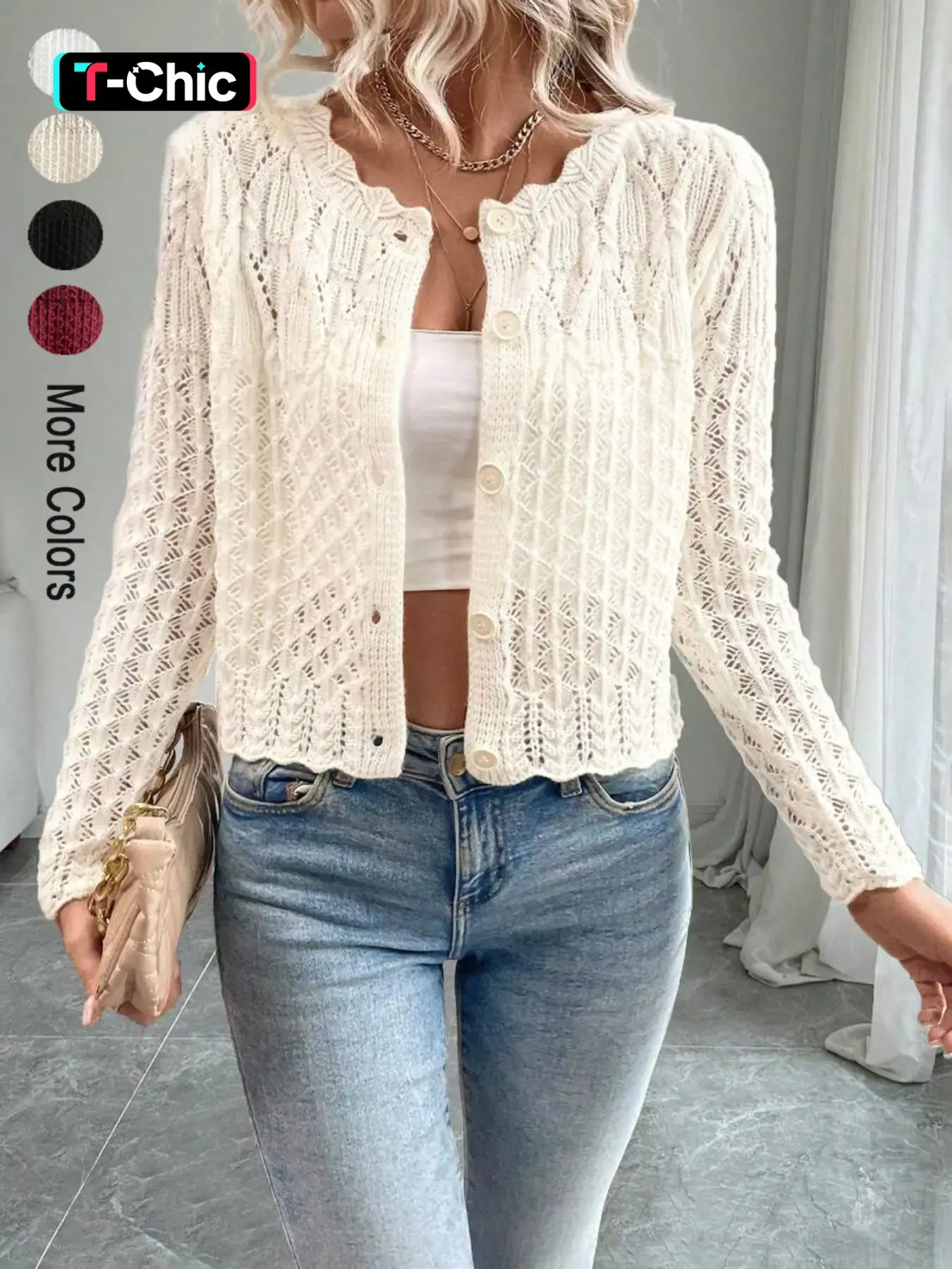 Simple Spring & Fall Women's Round Neck Lace Front Button Cardigan, Thin Knit Sweater, Casual Fitted Long Sleeve Top