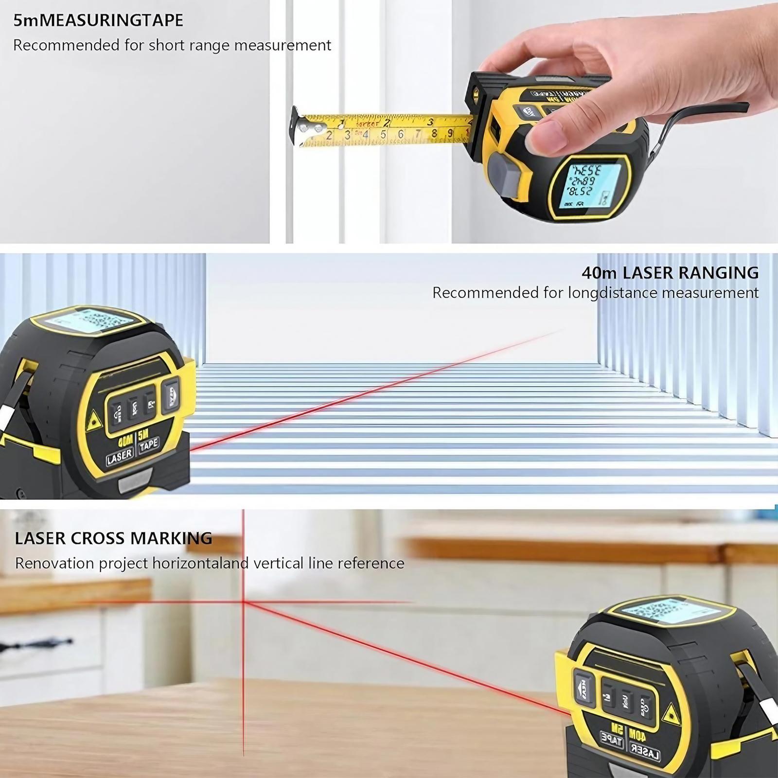 3 in 1 Digital Laser Tape Measure, 40/60M Measuring Range Laser Distance Meter, Accurate Measuring Tool with LCD Display, Laser Range Finder